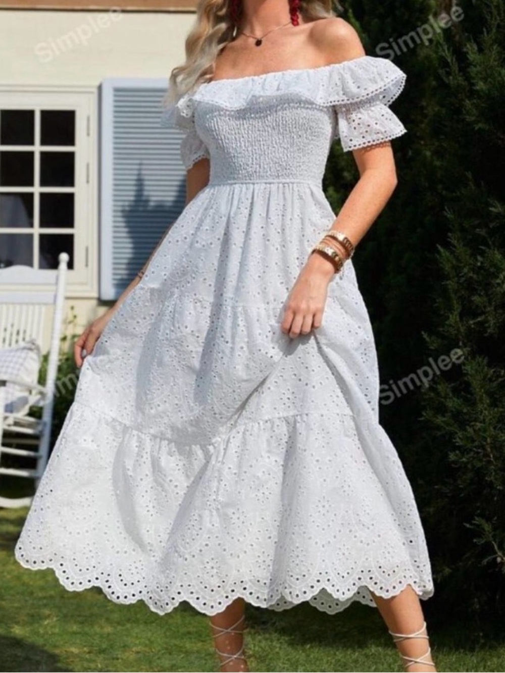 White Off-Shoulder Eyelet Midi Dress